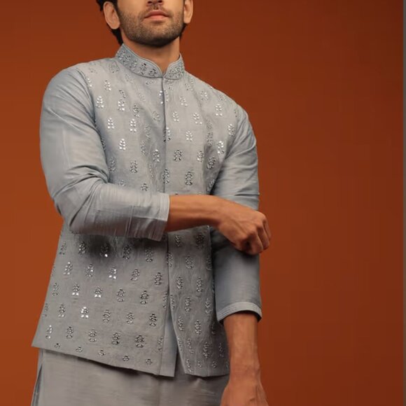 BRAND NEW Harbor Grey Nehru Jacket And Kurta Set In Art Silk KALKI Size M/38 - Picture 5 of 7